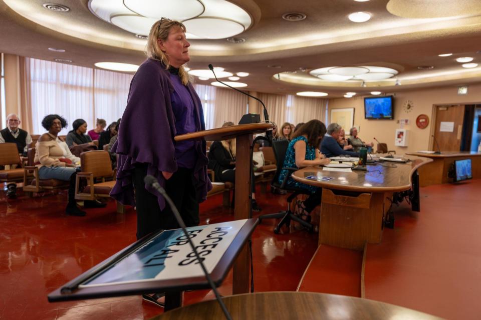 Marin Housing Authority Chapter President Carrie Smith addresses the Board of Commissioners over Marin Housing Authority's inability to attract adequate levels of union staff